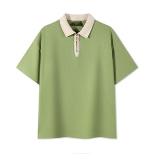 Chemise décontractée pour femme, bleu marine, à manches courtes, col blanc, fermeture éclair, tricotée, respirante, 100 % coton, couleur unie, longueur standard - Product Image 5