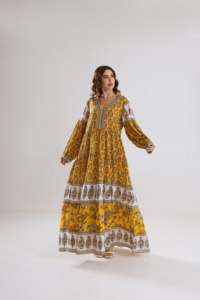 Floral Printed Maxi <b>Dress</b> Women V Neck Lantern Sleeve <b>Boho</b> Loose Cotton <b>Summer</b> Casual Eco-Friendly A-Line Silhouette <b>Dress</b> - Product Image 4