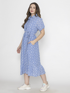 Blue Geometric Print Shirt <b>Dress</b> With <b>Short</b> Sleeves And Flared Hem For Daily Wear <b>Summer</b> Casual Midi Length Woven Cotton <b>Dress</b> - Product Image 1