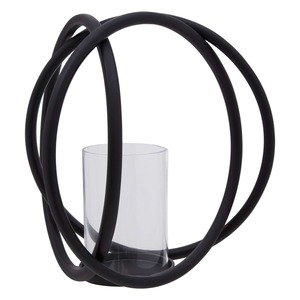 Porte-bougie sphérique en métal noir de style moderne avec des anneaux entrecroisés et une insert cylindrique en verre transparent - Product Image 1