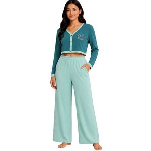 Manufacturer Teal And Mint <b>Green</b> Women Long Sleeve Crop Pajama Set Smiley Print Soft Cotton Wide Leg Loungewear OEM Custom - Product Image 1