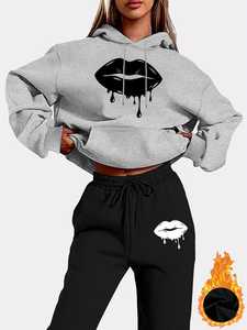 Women's <b>White</b> Cropped Hoodie With Green Heartbeat Print And Green Sweatpants <b>Set</b> Casual Loose Fit All Seasons Sportswear - Product Image 6