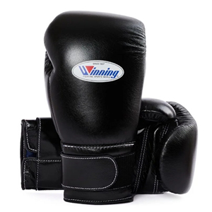 ถุงมือชกมวย Pro Winning ขนาด 14oz 16oz สีดำ ปรับแต่งได้ ถุงมือฝึกซ้อมคิกบ็อกซิ่ง แบบผูกเชือกและสายรัดแบบ Hook & Loop หนังแท้ - Product Image 2