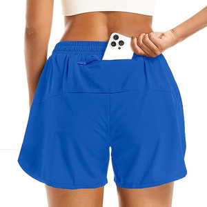 Royal Blue 2 In 1 Women Gym Shorts Polyester Double Layer Running Shorts With <b>Phone</b> Pocket High Waist Breathable Bottoms - Product Image 2