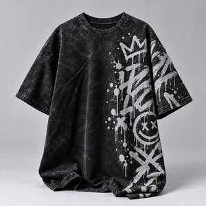 T-shirt noir surdimensionné pour homme, style streetwear, délavé à l'acide, col rond, manches courtes, couleur personnalisable, 220g polyester/coton, séchage rapide - Product Image 3