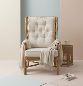 Modern Scandinavian Design Natural Rattan <b>Dining</b> Chair High Back Woven Wicker Accent <b>Armchair</b> Removable Cover Thick Tufted - Product Image 3