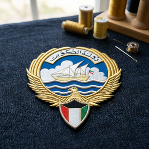 Custom Embroidered Kuwait National Emblem <b>Sew</b>-On Fabric Patch With Eagle And Dhow Design For Garment Application - Product Image 4