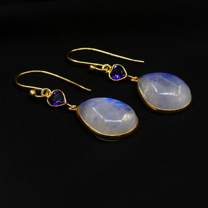 Boucles d'oreilles pendantes en argent 925 plaqué or avec améthyste et pierre de lune serties en forme de goutte d'eau, style romantique pour femme - Product Image 5