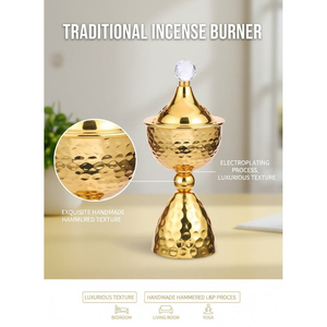Luxury Gold Finish Crystal Oud Burner <b>Hammered</b> Metal Goblet Design With Lid. Premium Arabian Bakhoor <b>Holder</b> For Home Decor - Product Image 3