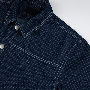 Men's Striped Denim Shirt Short Sleeve Turn-<b>down</b> Collar Loose Fit Utility Style 100% Cotton Woven Fabric Topstitch Pockets - Product Image 5