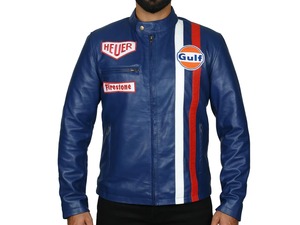Veste en cuir Steve McQueen Le Mans Racing Blue Biker Motorcycle Coat - Product Image 1