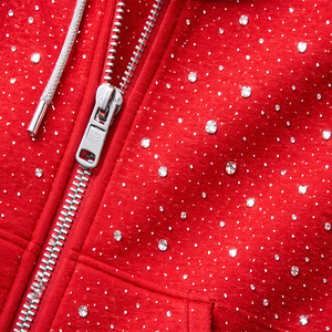 Sudadera con capucha unisex roja lisa con cremallera, forro polar personalizado, estilo casual urbano, holgada con bolsillo canguro - Product Image 6