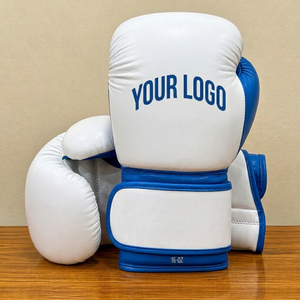 Gants de boxe en cuir PU blanc et bleu avec logo personnalisé, 16 oz, équipement d'entraînement pour adultes avec sangle de poignet en velcro, protection pour le sparring et les combats - Product Image 3