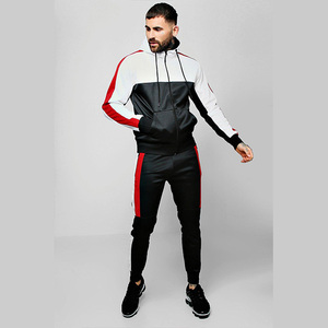 Conjunto Deportivo para Hombre con Capucha y Bloques de Color Negro, Blanco y Rojo, Sudadera con Cremallera Completa y Pantalones, Corte Regular, Transpirable, para Otoño - Product Image 3