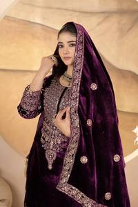 <b>Women's</b> Modern <b>Velvet</b> Embroidered Three Quarter Salwar Kameez Set with Reversible Purple Dupatta <b>for</b> Wedding Party - Product Image 2