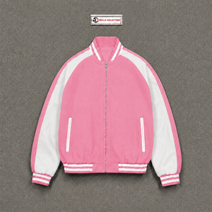Premium Men's Wool Varsity <b>Jacket</b> Pink and <b>White</b> with Striped Cuffs Luxury Full Zip Design Classic Unisex <b>White</b> Boxy Fit Stylish - Product Image 5