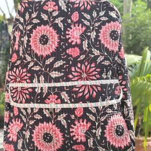 Quilted Floral Print Cotton Student Tote & Messenger Bag <b>Backpack</b> Zip Closure White Black Sustainable Unisex Versatile Stylish - Product Image 2