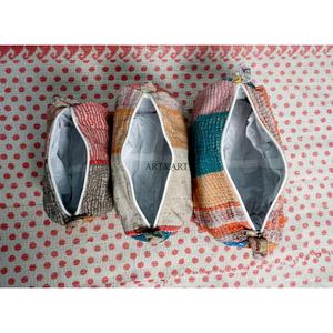 Handmade Floral Pattern Cotton Kantha Cosmetic <b>Pouch</b> Bag with Zipper Closure Modern Style Lightweight Multi-Purpose Women's Gift - Product Image 4