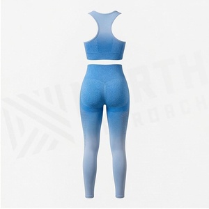 2 Piece Yoga Set Racerback Sports <b>Bra</b> Full Length Leggings Gradient <b>Blue</b> Seamless Breathable High Waist Women's Activewear - Product Image 2