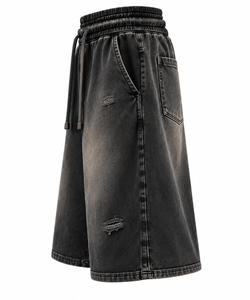 Oversized Double Waist Acid Wash French Terry <b>3</b>/<b>4</b> Sweat <b>Shorts</b> Black Sunfade Streetwear Ganymede International - Product Image 5