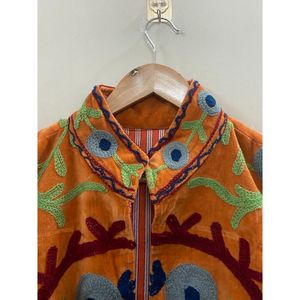 Hand Embroidered <b>Velvet</b> Cotton <b>Jacket</b> <b>Women</b> Mandarin Collar Full Sleeve Autumn Winter Bohemian Eye Pattern Open Front Coat - Product Image 5