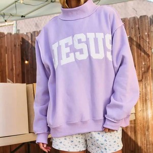 Jesus Custom Embroidery <b>Mock</b> <b>Neck</b> Sweatshirt Lavender Varsity Oversized Women Pullover Heavyweight Fleece Wholesale Bulk - Product Image 3