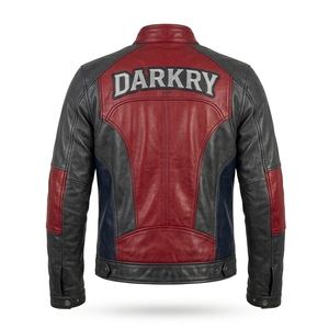 Chaqueta de Cuero Roja y Gris para Hombre, Chaqueta de Motero con Panel Central en Colorblock, Cuello Alto, Fabricante OEM ODM, Oferta de Venta al Por Mayor - Product Image 2