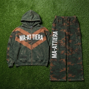 <b>Men</b> Black <b>Green</b> Camouflage Zip Up Hoodie <b>Tracksuit</b> Set Loose Fit Wide Leg Streetwear Custom OEM ODM Wholesale - Product Image 6