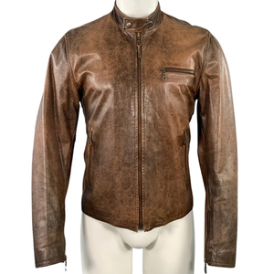 Unisex Autumn Retro Washed Leather <b>Biker</b> <b>Jacket</b> with Gradient Zip Design Waterproof & Windproof Solid Pattern Standing Collar - Product Image 6