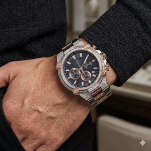 Luxury <b>diamond</b> wristwatch with round dark dial rose gold accents chronograph subdials sparkling bezel ornate bracelet elegant - Product Image 5