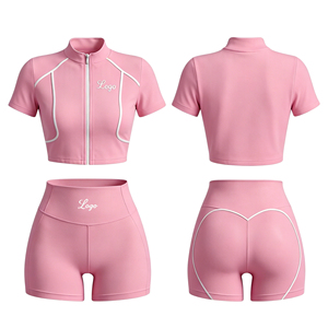 Conjunto de Top de Manga Corta con Cuello Alto y Cremallera, Diseño de Líneas Personalizadas con Logotipo, y Leggings Levanta Glúteos para Mujer 2026 - Product Image 2