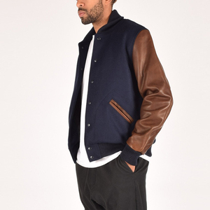 Navy Wool Brown Varsity <b>Jacket</b> <b>for</b> <b>Men</b> Classic Bomber Style Stand Collar Patchwork Outerwear Ribbed Hem Cuffs Zipper Closure - Product Image 2