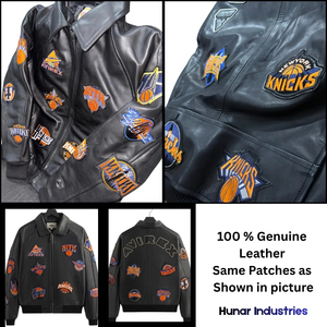แจ็คเก็ตหนังวัวแท้สีดำพรีเมียมสำหรับผู้ชาย Kith x Avirex New York Knicks รุ่น Varsity Bomber สีดำ |   เสื้อผ้าบาสเก็ตบอลสตรีทแวร์แบบยูนิเซ็กส์ - Product Image 2