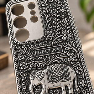 Premium Luxury 925 Sterling Silver Antique Oxidized Elephant Floral Engraved <b>Mobile</b> Case with <b>Holder</b> - Product Image 3