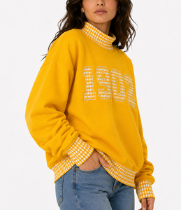 Sweat-shirt à col roulé pour femme 1902, vente en gros, personnalisé, à pois gingham, patchwork, grande taille, épaules tombantes, en tissu éponge, décontracté - Product Image 3