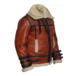 Abrigo de Piel de Oveja Genuina Marrón para Hombre con Cuello de Piel y Cremallera, Abrigo de Invierno - Product Image 2