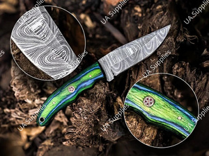 มีดล่าสัตว์และตั้งแคมป์ใบมีดเหล็กดามัสกัสคุณภาพสูง ขนาด 8 นิ้ว ด้ามจับไม้ปักก้าสีเขียวน้ำเงิน ออกแบบตามหลักสรีรศาสตร์ คมกริบ พร้อมซองหนัง รับผลิตแบบ OEM - Product Image 4