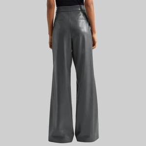 กางเกงขายาวเอวสูงทรงขากว้าง ผ้า PU ยับยาก ยกกระชับสะโพก สไตล์ลำลองสำหรับผู้หญิง สีพื้น ซิปหน้า เหมาะสำหรับฤดูใบไม้ผลิ - Product Image 4