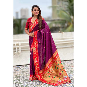 Sari en soie Paithani Rajhans tissé en zari magenta, châle indien haut de gamme, tissages d'élite, 650g - Product Image 1