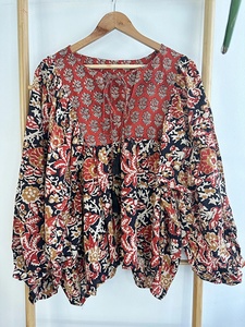 Haut chemisier décontracté Boho pur coton imprimé floral terreux indien Bagru Block débardeur brodé vêtements d'été - Product Image 6