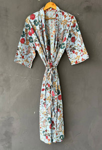 Bata tipo kimono larga con cuello en V de algodón con estampado floral para mujer, bata de baño holgada de manga larga, ropa de casa suave, transpirable y ligera - Product Image 2