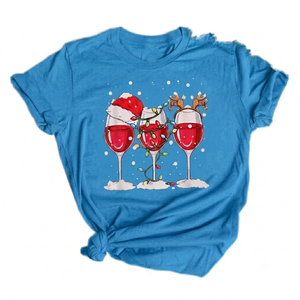 Fashionwear Custom <b>Christmas</b> Wine Shirt <b>Women</b> skyblue Graphic T-Shirt Festive Santa Hat Lights Reindeer Screen printed <b>tshirt</b> - Product Image 1