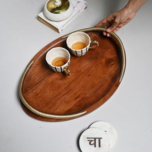 Wholesale Luxury Oval Acacia Wood Serving Tray Bulk Hotel Platter with Elegant Curved Textured Gold Metal Decorative Handles - Product Image 6