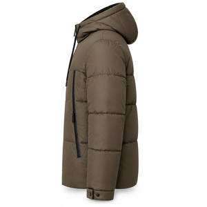 Blouson matelassé à capuche pour homme avec patch personnalisé, construction matelassée large, fermeture éclair contrastante sur le devant, poignets à boutons-pression, streetwear d'hiver - Product Image 2