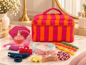 Bolsa de Cosméticos Acolchada de Algodón con Rayas Rosa y Naranja, Estuche de Maquillaje Portátil con Cierre, Organizador de Artículos de Aseo - Product Image 2