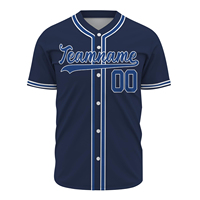 Jersey Baseball Kustom Pria Biru Dongker Lengan Pendek Nama Tim Dicetak Bahan Polyester Penyerap Keringat Kancing Depan Pakaian Dewasa