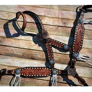 Conjunto de cabezada y pechera de cuero de fábrica directa, trenzado de cuero crudo turquesa, juego de arreos para caballo, servicio OEM bienvenido al mejor precio - Product Image 1