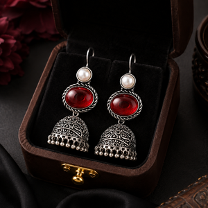 Pendientes Jhumka de Piedra Roja con Garantía Comercial |   Proveedor de Joyería Étnica de Plata Oxidada - Product Image 5