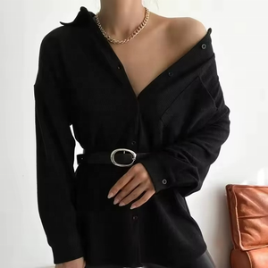 Oversize Summer Woven V-neck Casual <b>Black</b> Long Sleeve Shirt Dress Women High Quality - Product Image 1