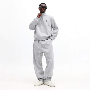Conjunto de chándal vintage de forro polar gris claro de 440 g/m² con capucha y cremallera de un cuarto, sudadera holgada y pantalones de chándal con cordón, ropa urbana premium - Product Image 3